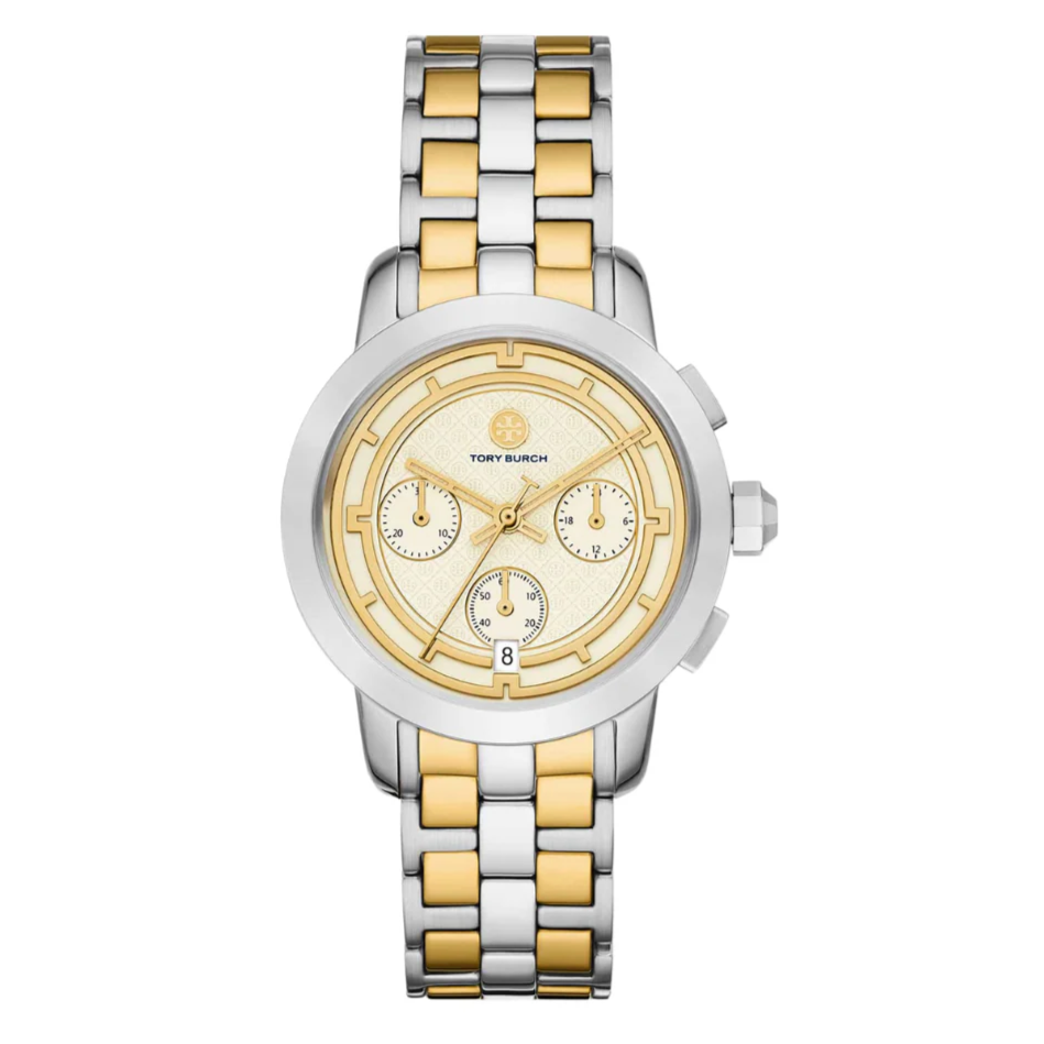 Tory Burch The Tory Chronograph White Dial Two Tone Steel Strap Watch for Women - TBW1052 Buy Now By Tory Burch