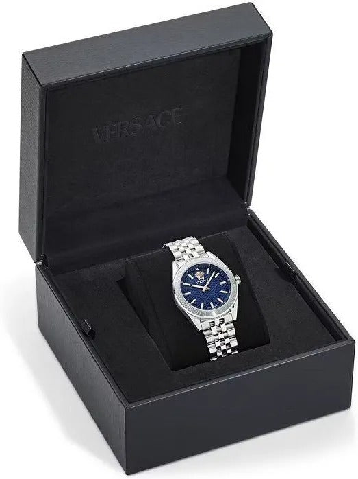 Versace V-Code Analog Blue Dial Silver Steel Strap Watch for Women - VE8I00324 Buy Now By Versace
