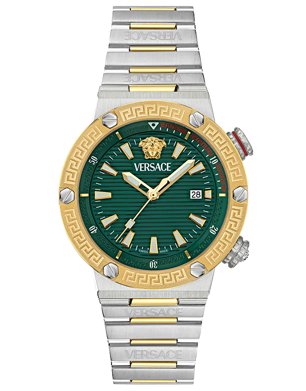Versace Greca Logo Diver Quartz Green Dial Two Tone Steel Strap Watch for Men - VE8G00524 Buy Now By Versace