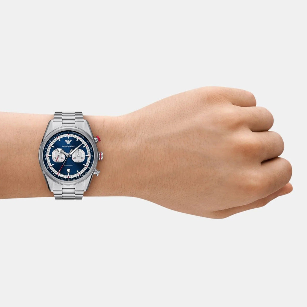 Emporio Armani Racer Chronograph Blue Dial Silver Steel Strap Watch for Men - AR11676 Buy Now By Emporio Armani