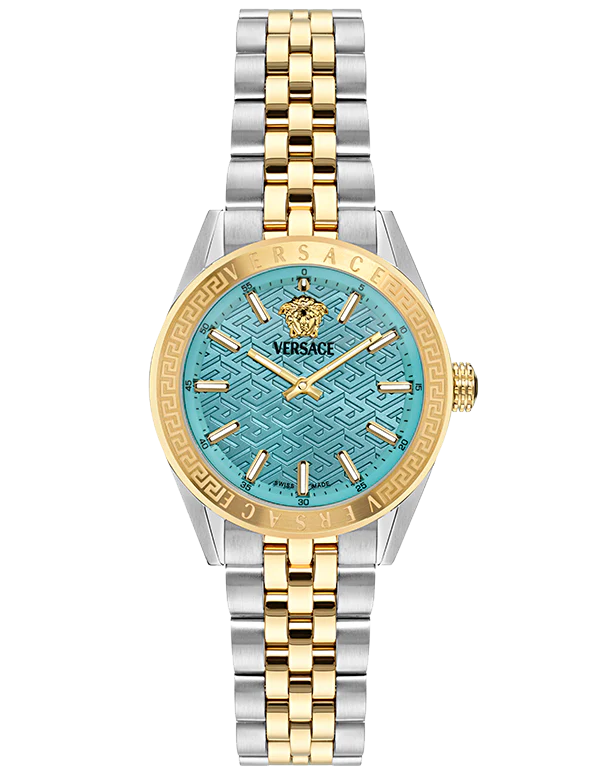 Versace V-Code Analog Turquoise Dial Two Tone Steel Strap Watch for Women - VE8I00524 Buy Now By Versace