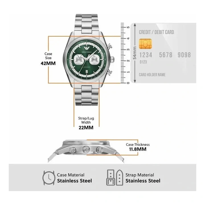Emporio Armani Racer Chronograph Green Dial Silver Steel Strap Watch for Men - AR11637 Buy Now By Emporio Armani