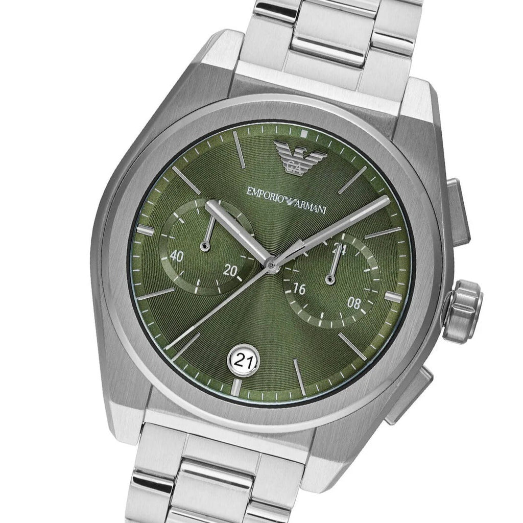 Emporio Armani Federico Chronograph Green Dial Silver Steel Strap Watch for Men - AR11640 Buy Now By Emporio Armani