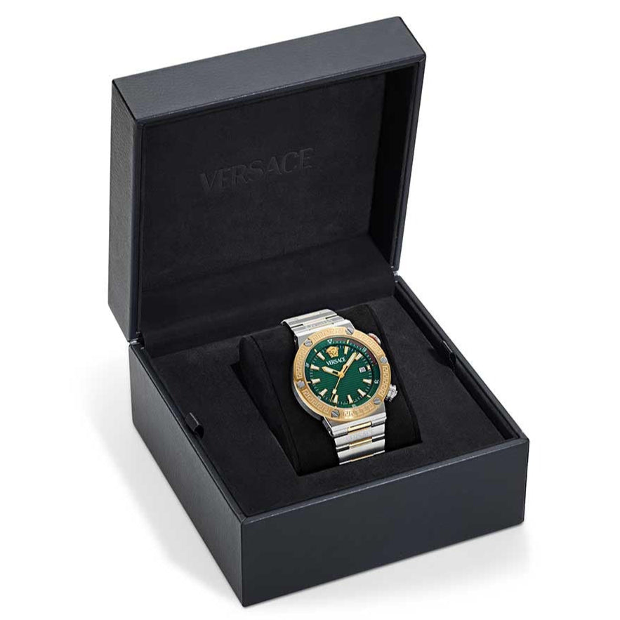 Versace Greca Logo Diver Quartz Green Dial Two Tone Steel Strap Watch for Men - VE8G00524 Buy Now By Versace