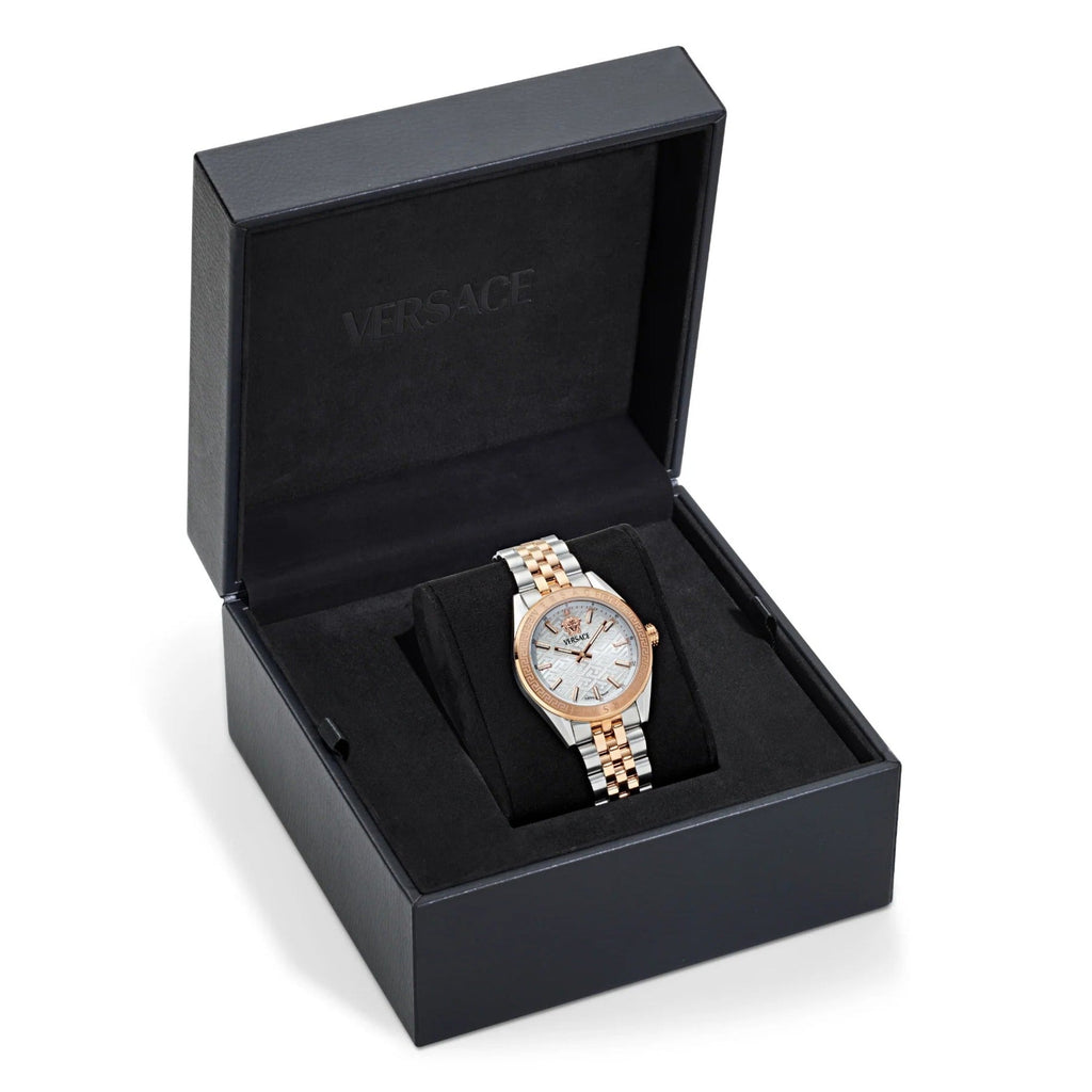 Versace V-Code Analog White Dial Two Tone Steel Strap Watch for Women - VE8I00624 Buy Now By Versace