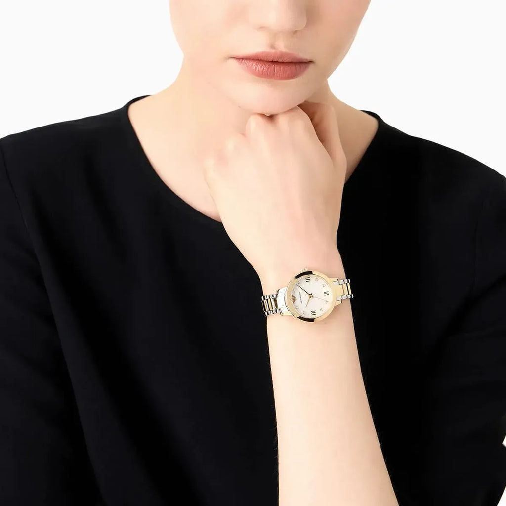 Emporio Armani Cleo Three Hand Mother of Pearl Dial Two Tone Steel Strap Watch for Women - AR11513 Buy Now By Emporio Armani