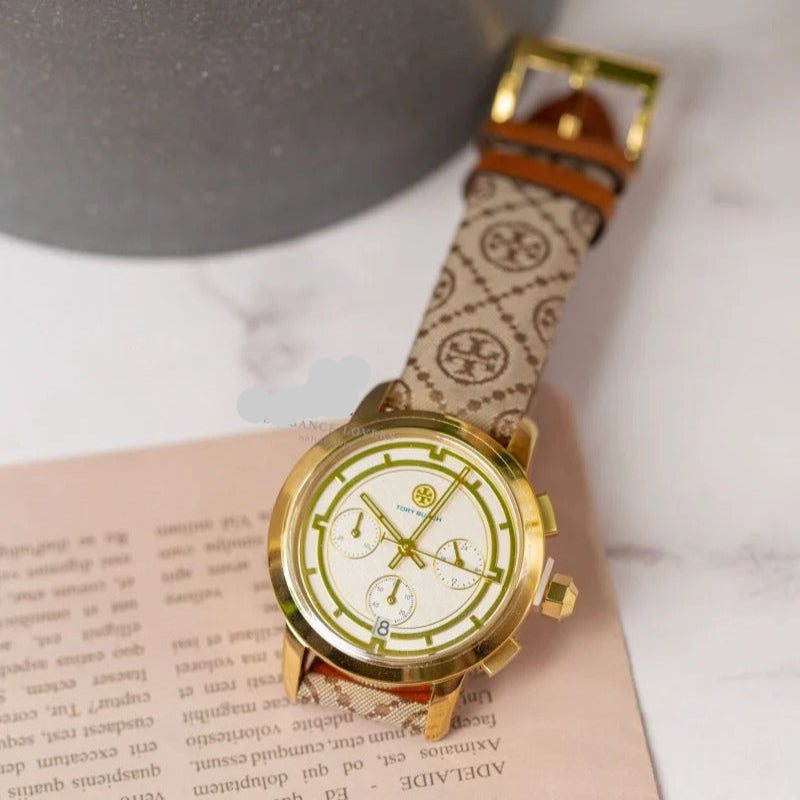 Tory Burch The Tory Chronograph White Dial Maroon Jacquard Strap Watch for Women - TBW1050 Buy Now By Tory Burch