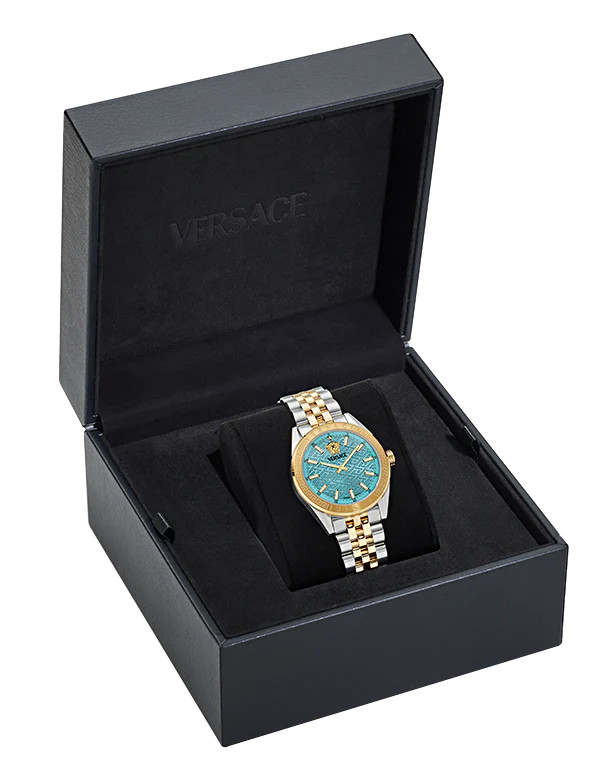 Versace V-Code Analog Turquoise Dial Two Tone Steel Strap Watch for Women - VE8I00524 Buy Now By Versace