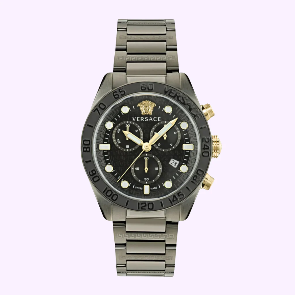 Versace Greca Dome Chronograph Black Dial Grey Steel Strap Watch for Men - VE6K00623 Buy Now By Versace
