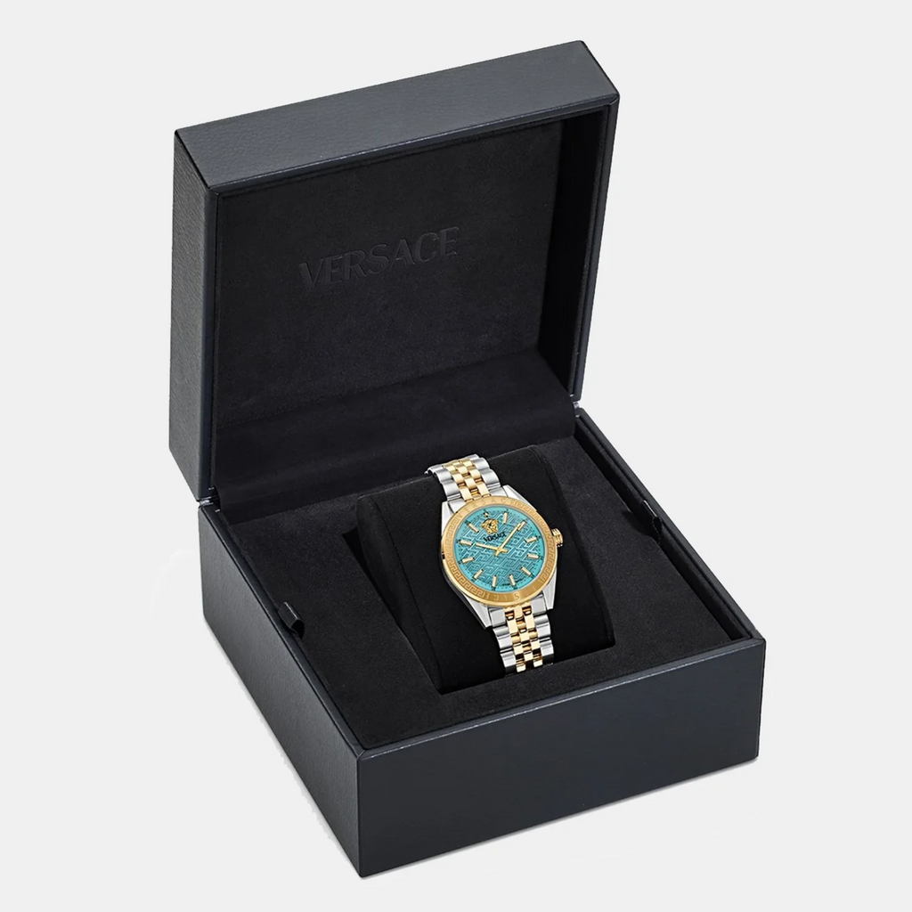 Versace V-Code Analog Turquoise Dial Two Tone Steel Strap Watch for Women - VE8I00524 Buy Now By Versace