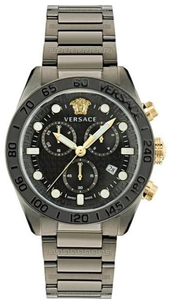 Versace Greca Dome Chronograph Black Dial Grey Steel Strap Watch for Men - VE6K00623 Buy Now By Versace