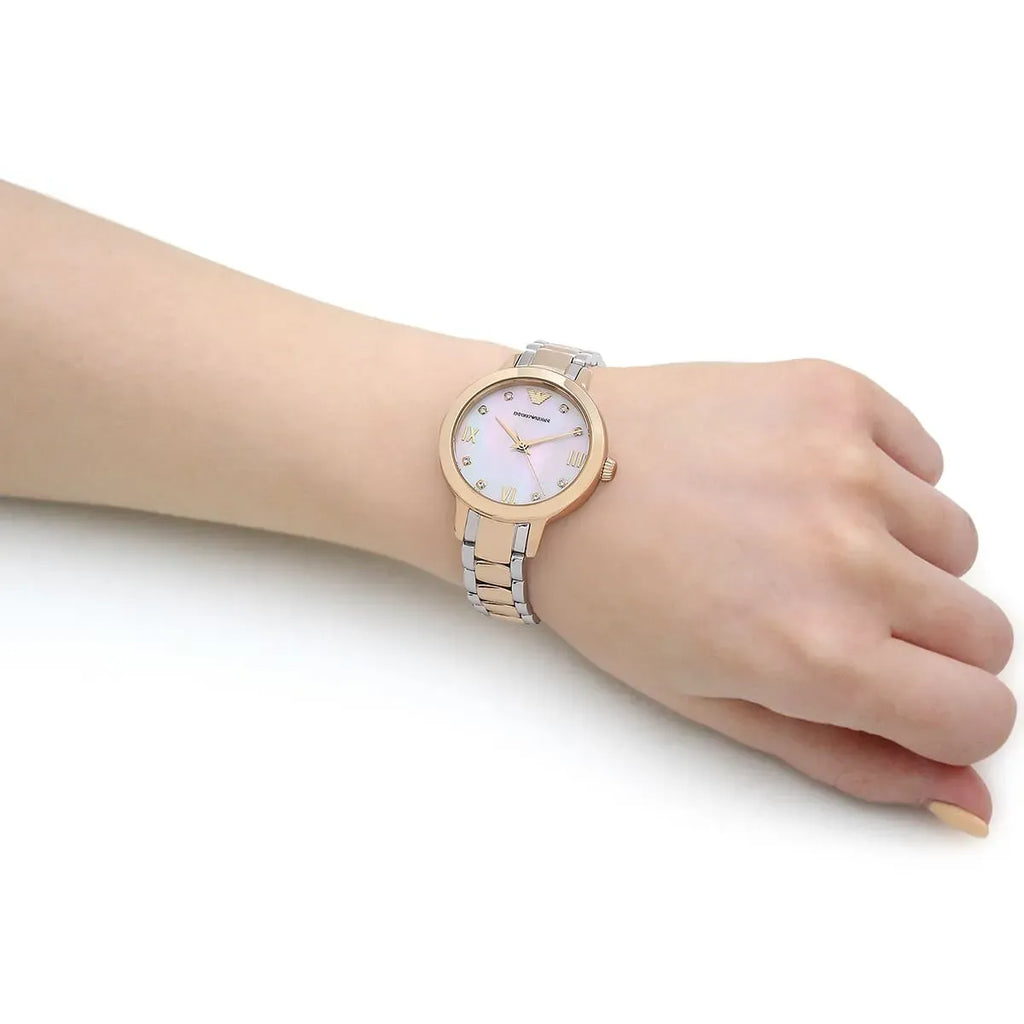 Emporio Armani Cleo Three Hand Mother of Pearl Dial Two Tone Steel Strap Watch for Women - AR11513 Buy Now By Emporio Armani