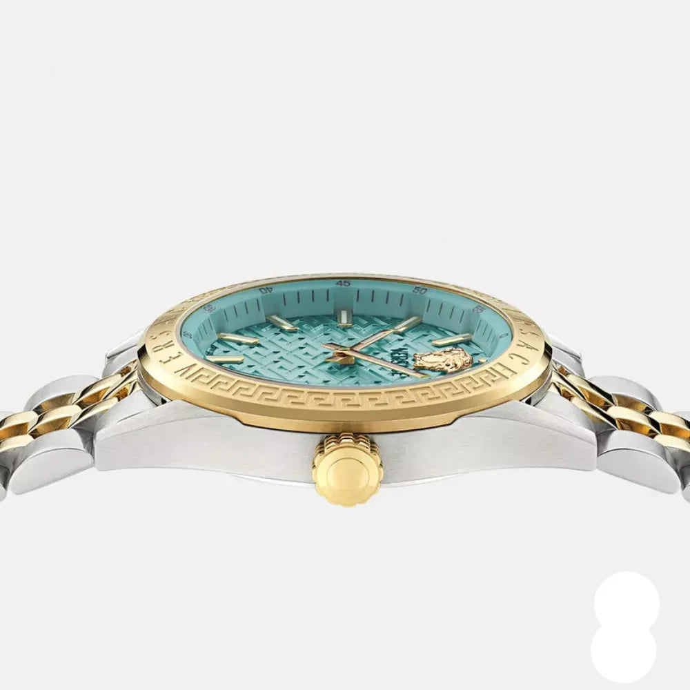 Versace V-Code Analog Turquoise Dial Two Tone Steel Strap Watch for Women - VE8I00524 Buy Now By Versace