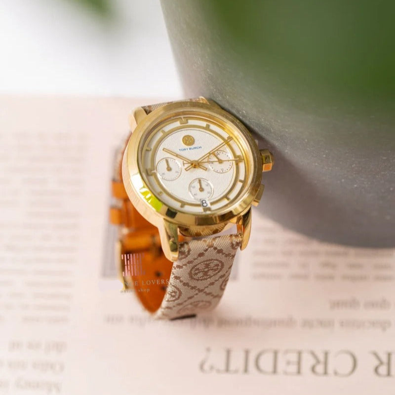 Tory Burch The Tory Chronograph White Dial Maroon Jacquard Strap Watch for Women - TBW1050 Buy Now By Tory Burch