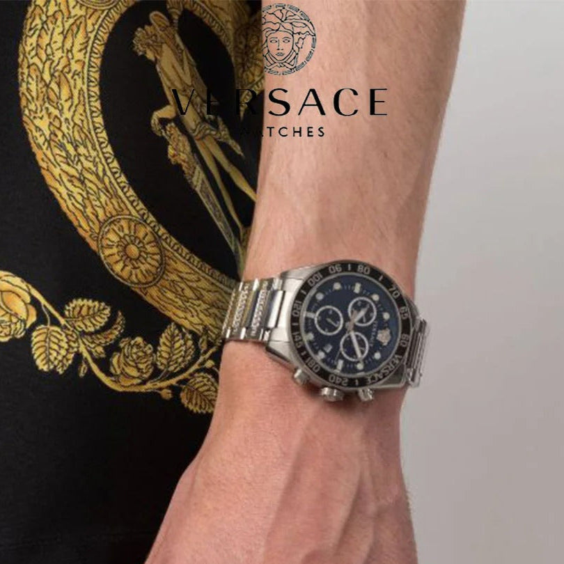 Versace Greca Dome Chronograph Blue Dial Silver Steel Strap Watch for Men - VE6K00323 Buy Now By Versace