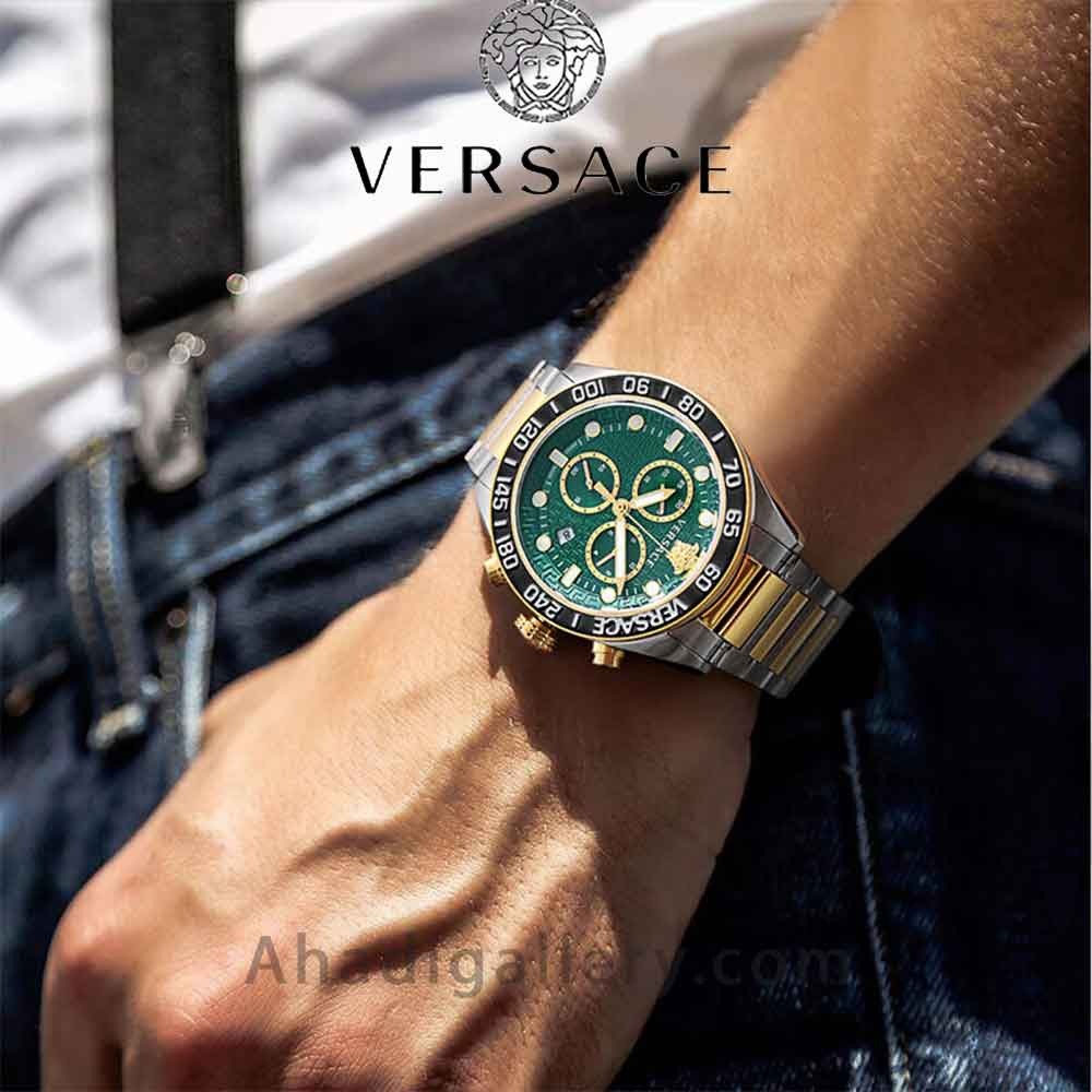 Versace Greca Dome Chronograph Green Dial Two Tone Steel Strap Watch for Men - VE6K00423 Buy Now By Versace