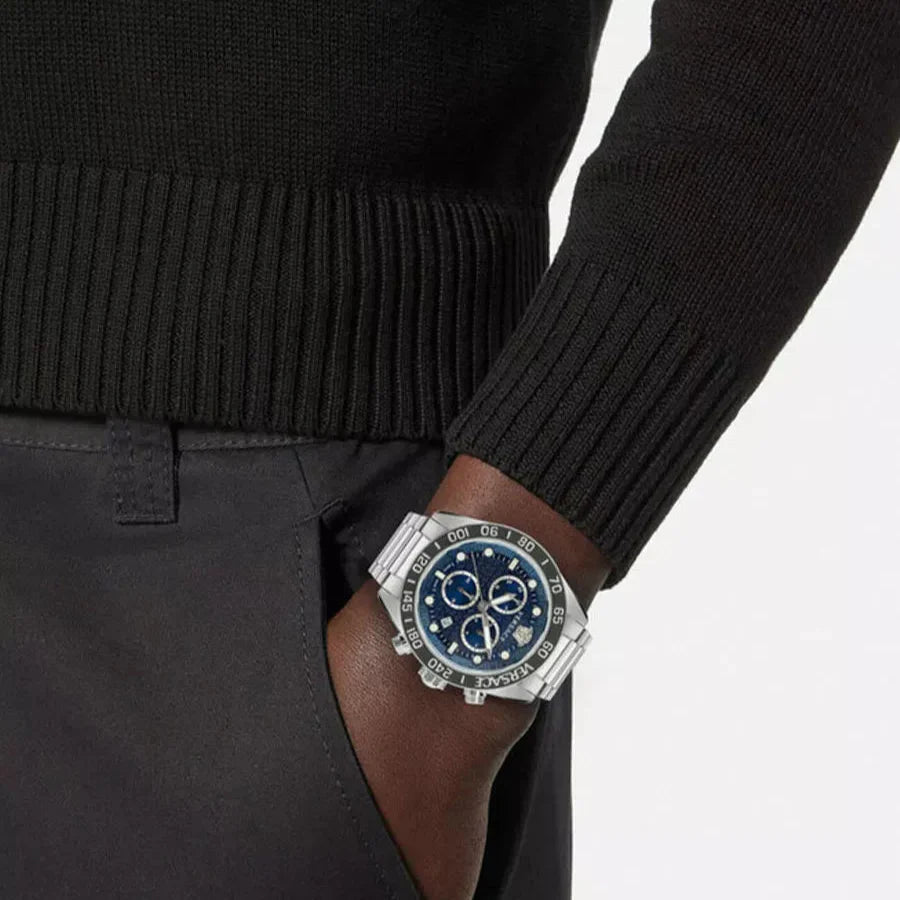 Versace Greca Dome Chronograph Blue Dial Silver Steel Strap Watch for Men - VE6K00323 Buy Now By Versace