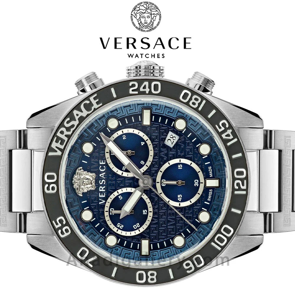 Versace Greca Dome Chronograph Blue Dial Silver Steel Strap Watch for Men - VE6K00323 Buy Now By Versace