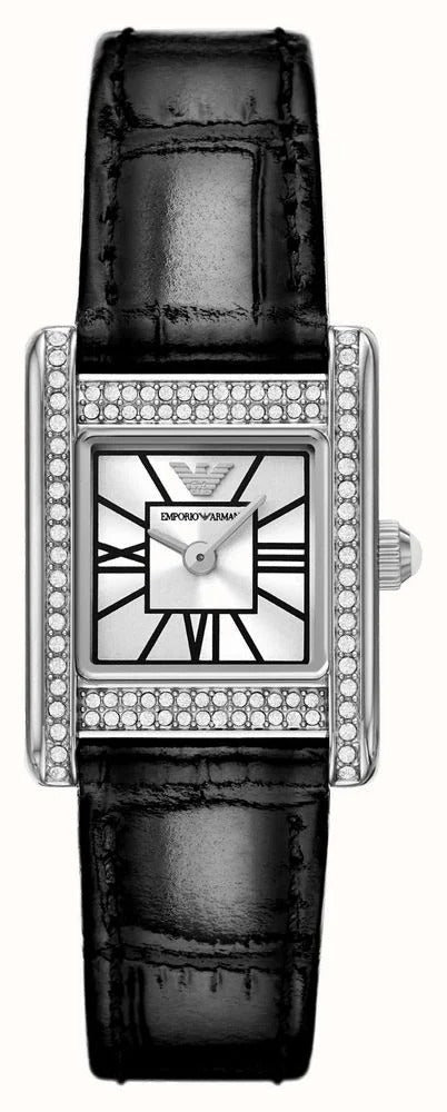 Emporio Armani Classic Crystals Silver Dial Black Leather Strap Watch for Women - AR11660 Buy Now By Emporio Armani