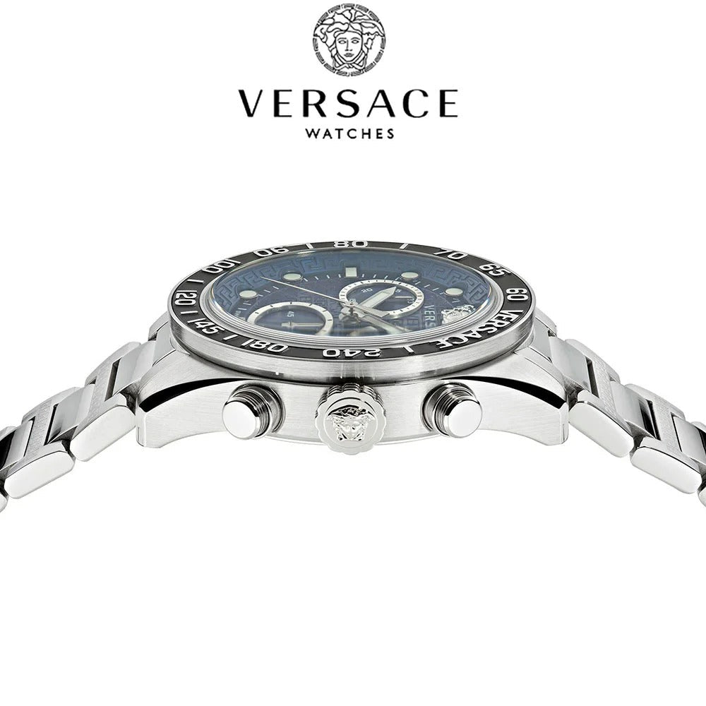 Versace Greca Dome Chronograph Blue Dial Silver Steel Strap Watch for Men - VE6K00323 Buy Now By Versace