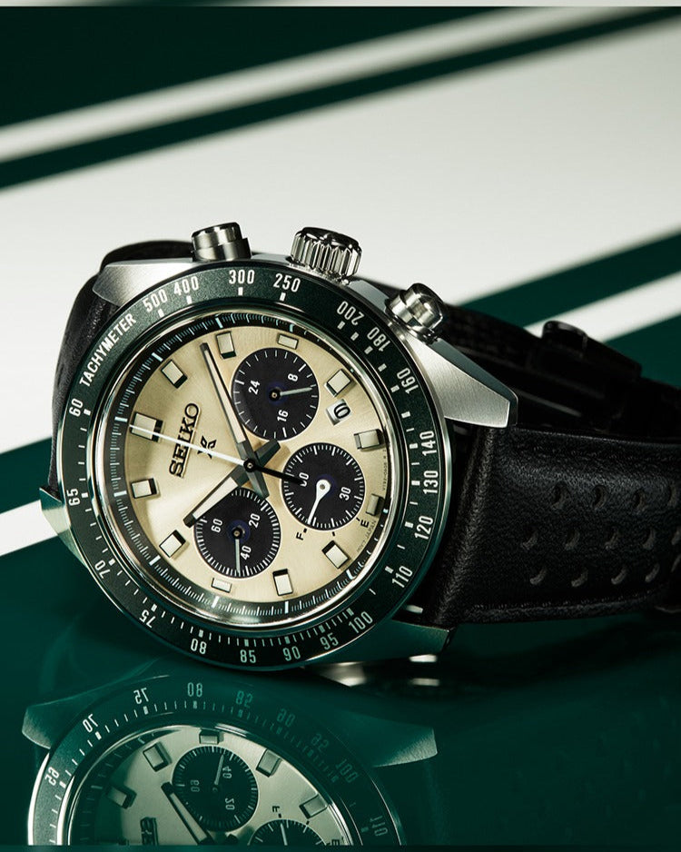 Seiko Prospex Speedtimer Solar Chronograph Ivory Dial Black Leather Strap Watch for Men - SSC943 Buy Now By Seiko