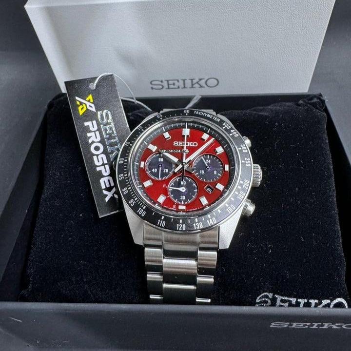 Seiko Prospex US Special Edition Speedtimer Solar Chronograph Red Dial Silver Steel Strap Watch for Men - SSC927 Buy Now By Seiko