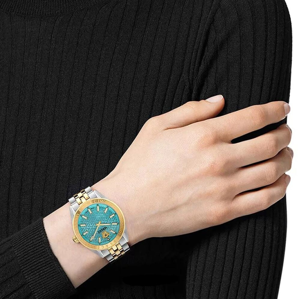 Versace V-Code Analog Turquoise Dial Two Tone Steel Strap Watch for Women - VE8I00524 Buy Now By Versace