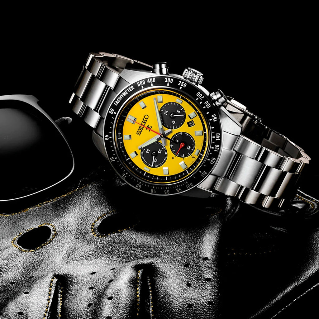 Seiko Prospex Speedtimer Solar Chronograph Yellow Dial Silver Steel Strap Watch for Men - SSC929 Buy Now By Seiko