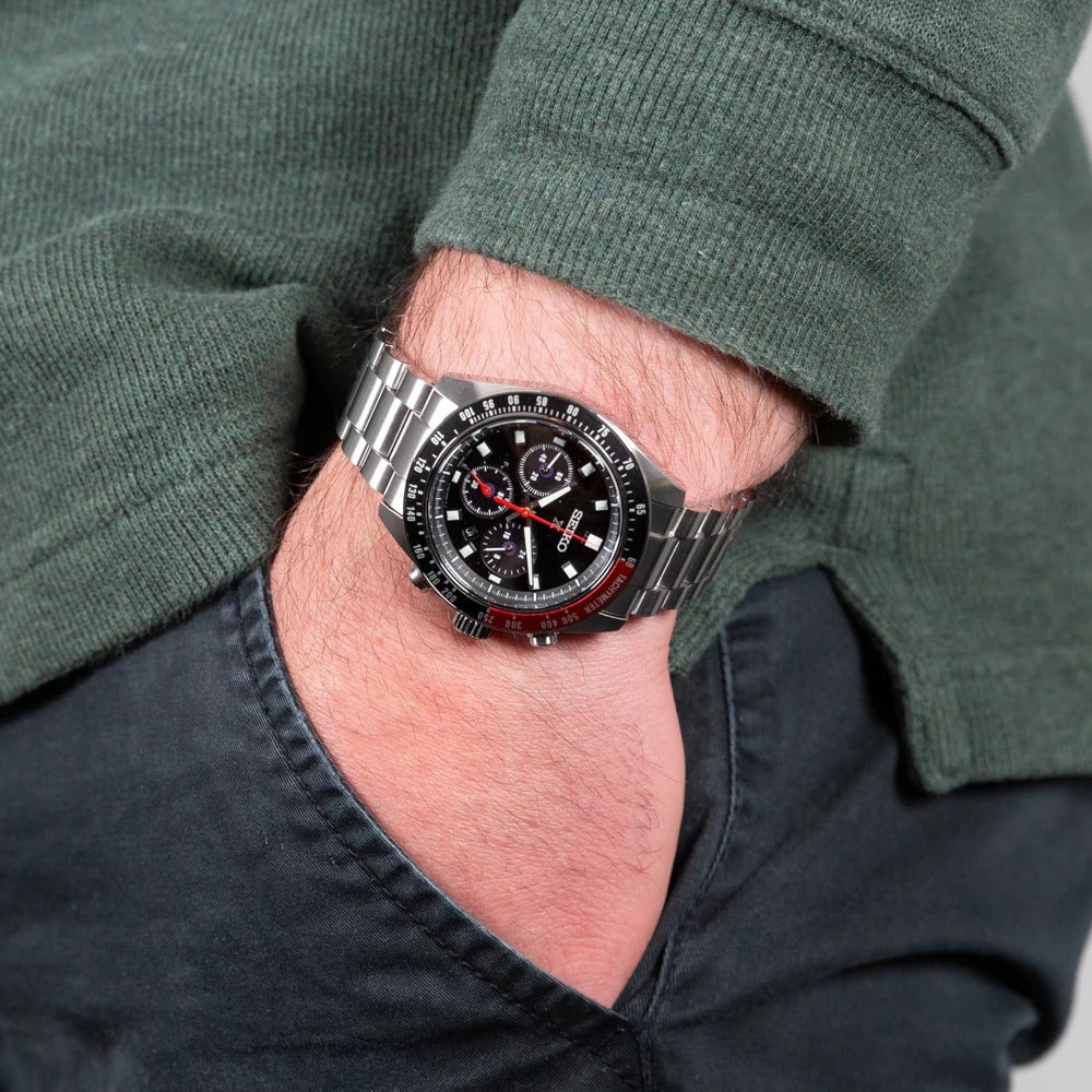 Seiko Prospex Speedtimer Solar Chronograph Black Dial Silver Steel Strap Watch for Men - SSC915 Buy Now By Seiko