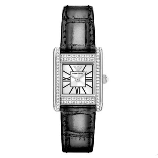 Emporio Armani Classic Crystals Silver Dial Black Leather Strap Watch for Women - AR11660 Buy Now By Emporio Armani