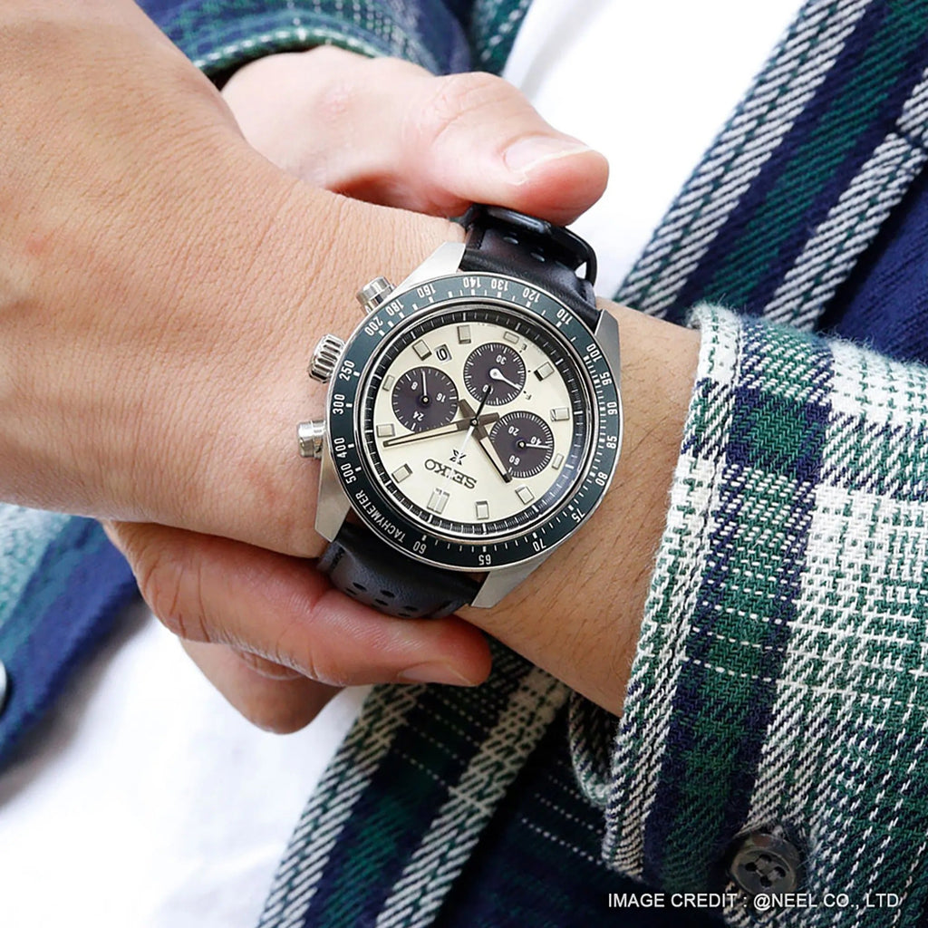 Seiko Prospex Speedtimer Solar Chronograph Ivory Dial Black Leather Strap Watch for Men - SSC943 Buy Now By Seiko