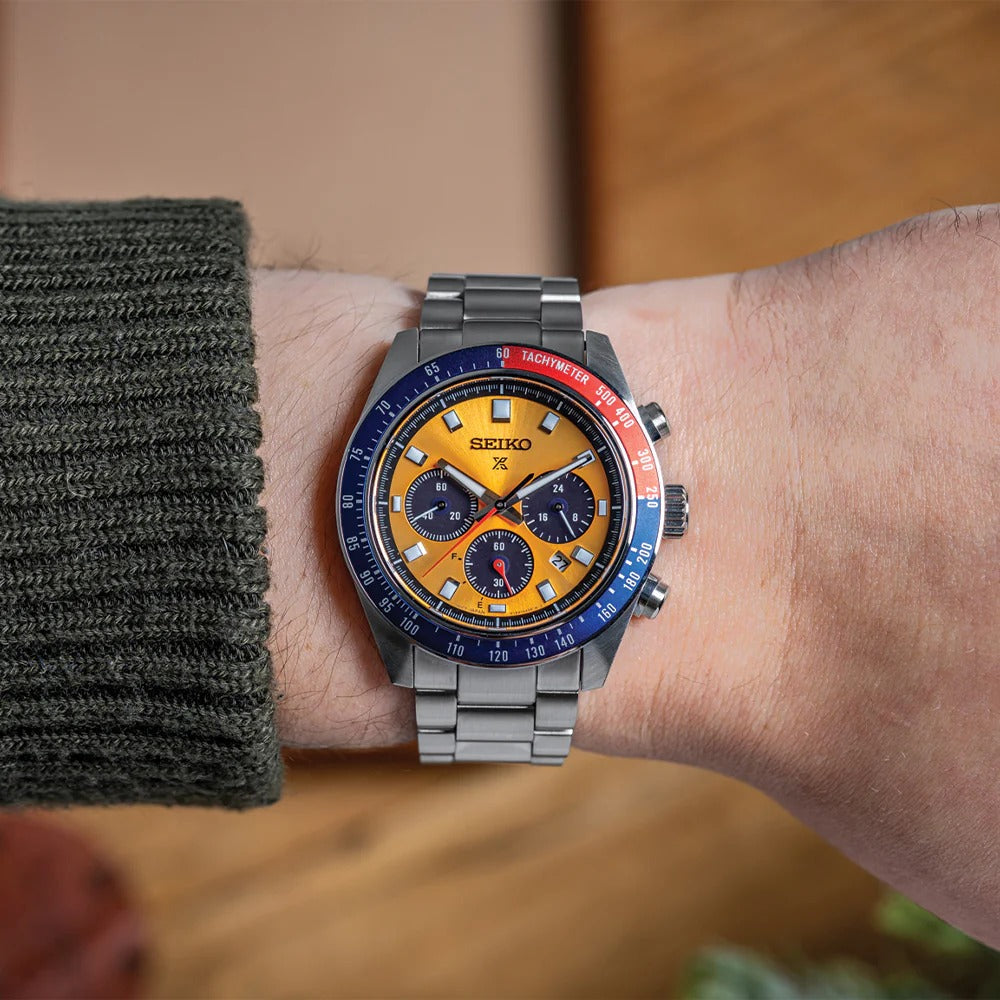 Seiko Prospex Solar Chronograph 1969 Re-interpretation Orange Dial Silver Steel Strap Watch for Men - SSC947 Buy Now By Seiko