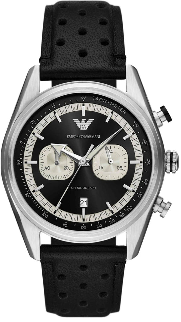 Emporio Armani Racer Chronograph Black Dial Black Leather Strap Watch for Men - AR11635 Buy Now By Emporio Armani