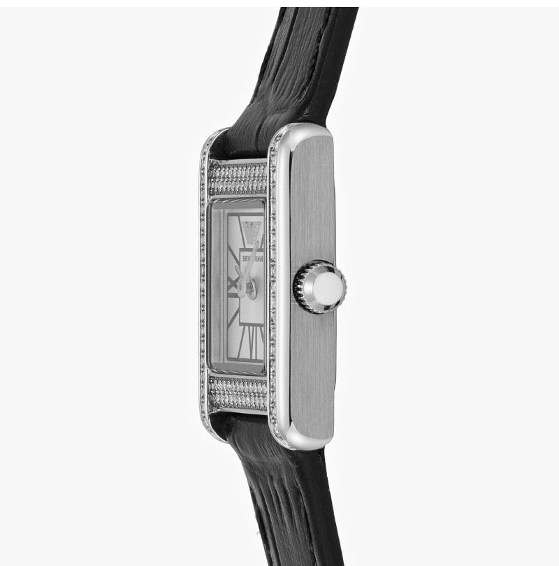Emporio Armani Classic Crystals Silver Dial Black Leather Strap Watch for Women - AR11660 Buy Now By Emporio Armani