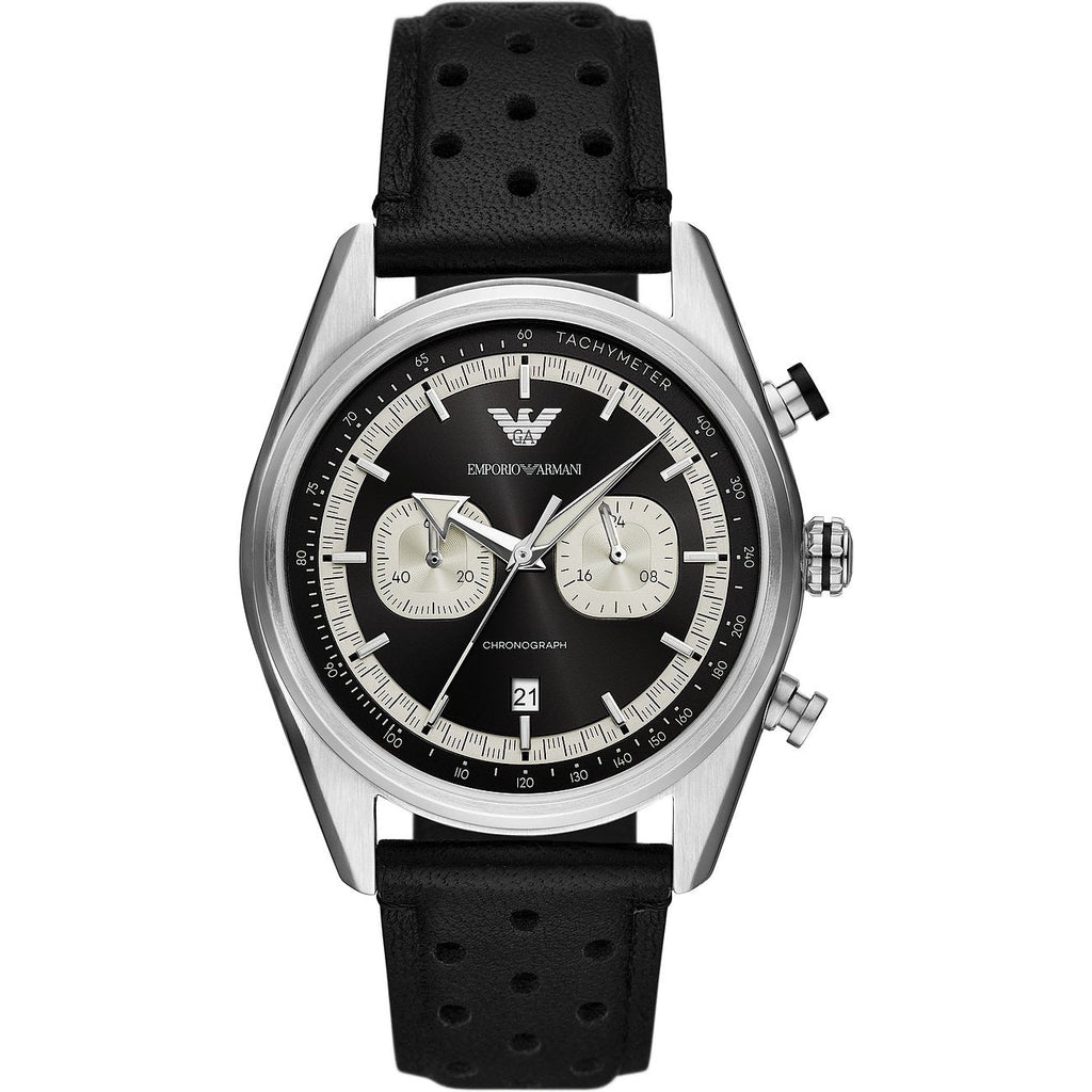 Emporio Armani Racer Chronograph Black Dial Black Leather Strap Watch for Men - AR11635 Buy Now By Emporio Armani