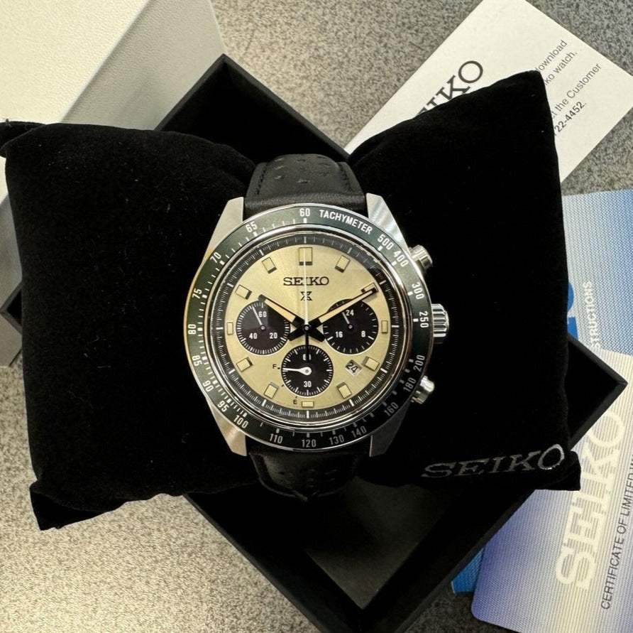 Seiko Prospex Speedtimer Solar Chronograph Ivory Dial Black Leather Strap Watch for Men - SSC943 Buy Now By Seiko