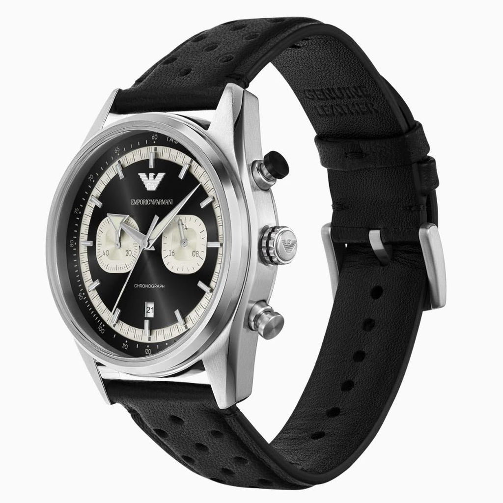 Emporio Armani Racer Chronograph Black Dial Black Leather Strap Watch for Men - AR11635 Buy Now By Emporio Armani