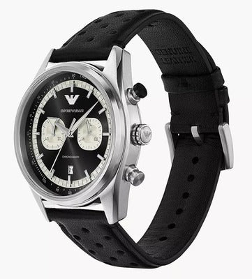 Emporio Armani Racer Chronograph Black Dial Black Leather Strap Watch for Men - AR11635 Buy Now By Emporio Armani