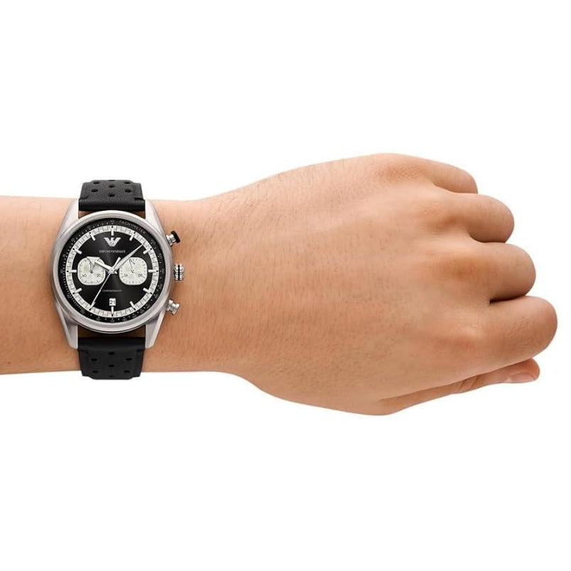 Emporio Armani Racer Chronograph Black Dial Black Leather Strap Watch for Men - AR11635 Buy Now By Emporio Armani