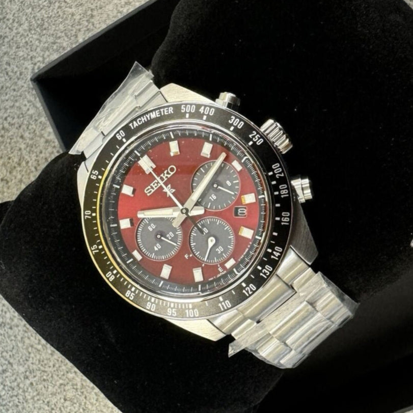 Seiko Prospex US Special Edition Speedtimer Solar Chronograph Red Dial Silver Steel Strap Watch for Men - SSC927 Buy Now By Seiko