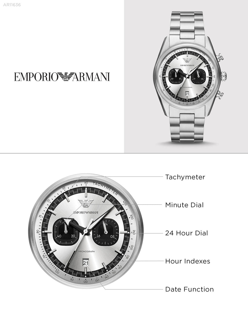 Emporio Armani Racer Chronograph Silver Dial Silver Steel Strap Watch for Men - AR11636 Buy Now By Emporio Armani