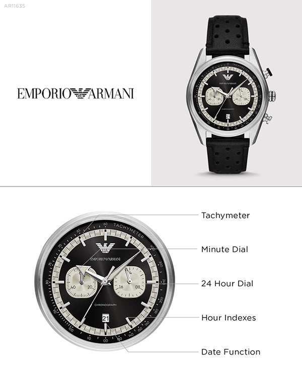 Emporio Armani Racer Chronograph Black Dial Black Leather Strap Watch for Men - AR11635 Buy Now By Emporio Armani