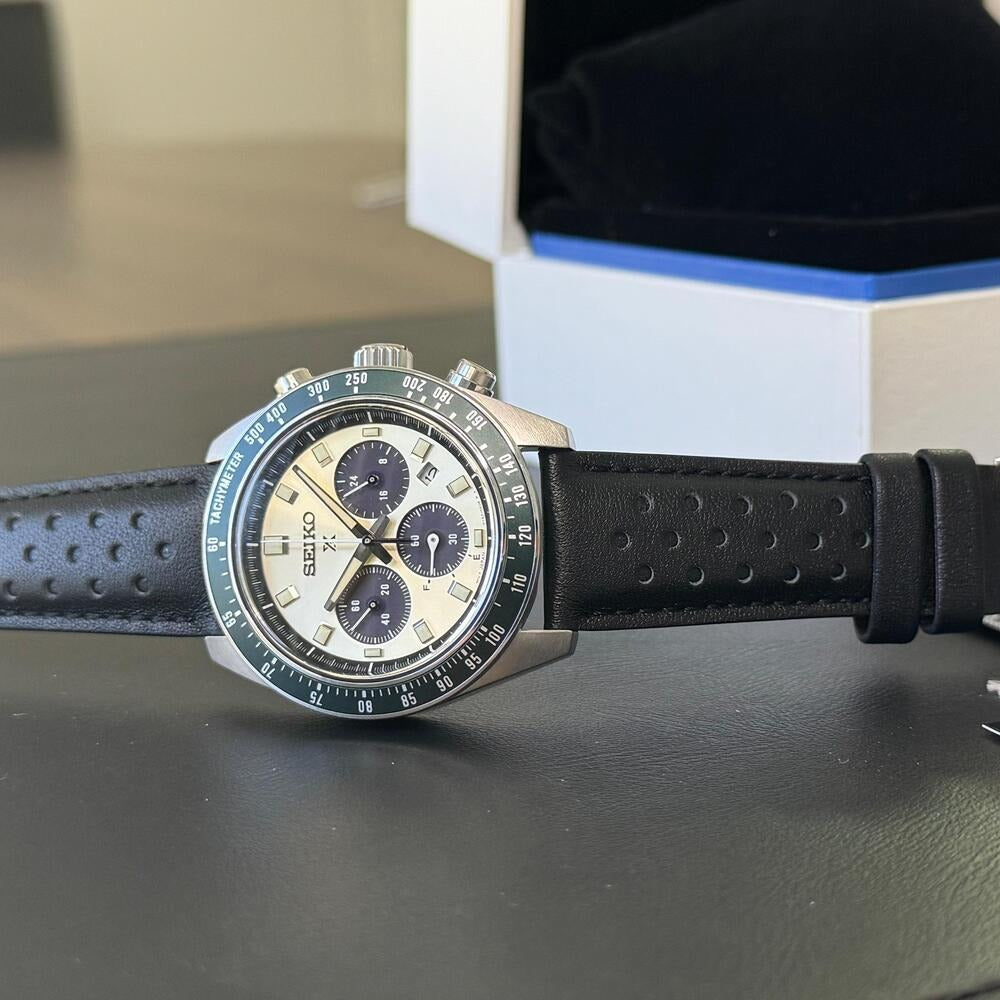 Seiko Prospex Speedtimer Solar Chronograph Ivory Dial Black Leather Strap Watch for Men - SSC943 Buy Now By Seiko