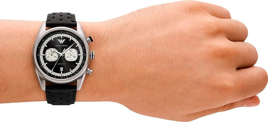 Emporio Armani Racer Chronograph Black Dial Black Leather Strap Watch for Men - AR11635 Buy Now By Emporio Armani