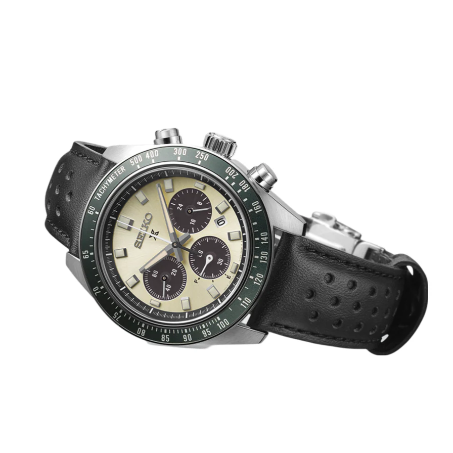 Seiko Prospex Speedtimer Solar Chronograph Ivory Dial Black Leather Strap Watch for Men - SSC943 Buy Now By Seiko