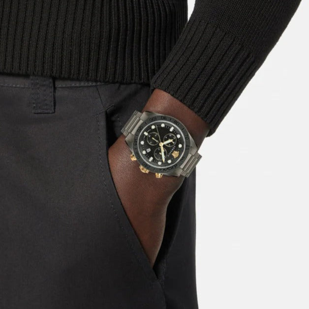 Versace Greca Dome Chronograph Black Dial Grey Steel Strap Watch for Men - VE6K00623 Buy Now By Versace