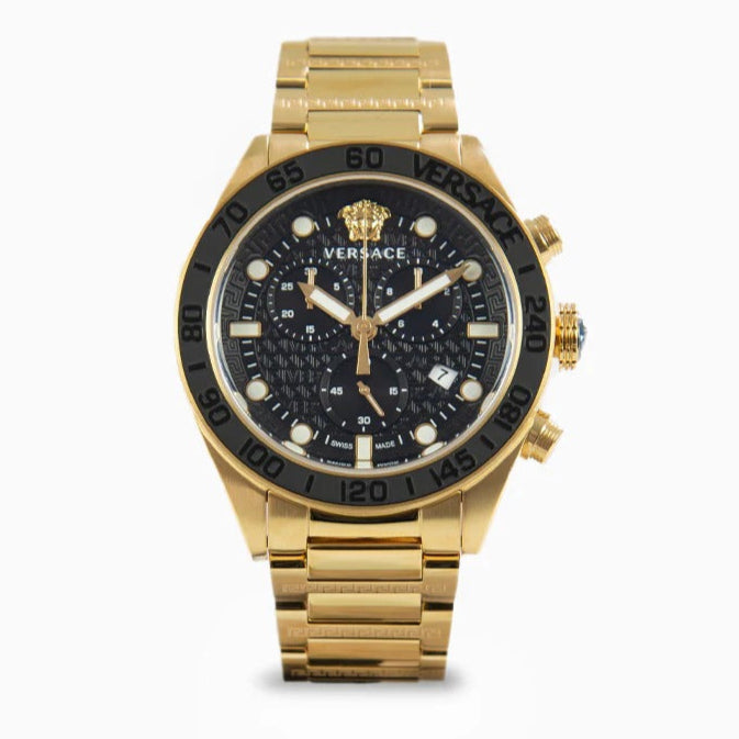 Versace Greca Dome Chronograph Black Dial Gold Steel Strap Watch for Men - VE6K00523 Buy Now By Versace