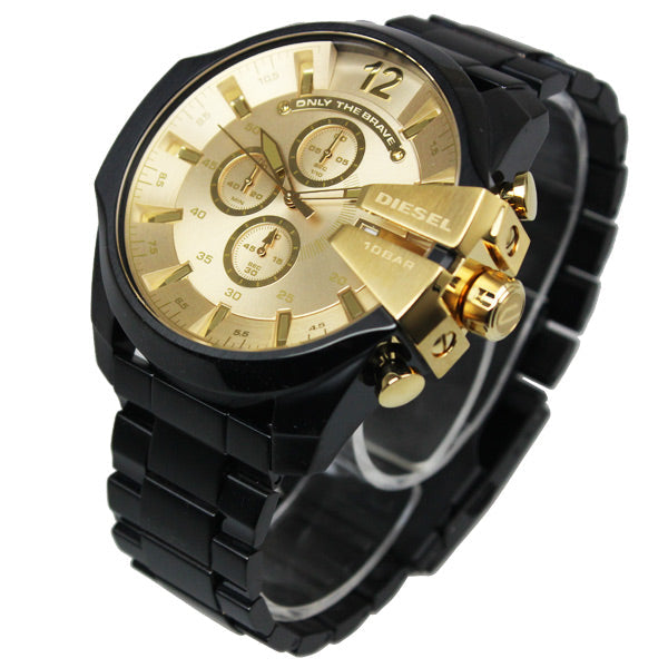 Diesel Mega Chief Chronograph Gold Dial Black Steel Strap Watch For Men - DZ4485 Buy Now By Diesel