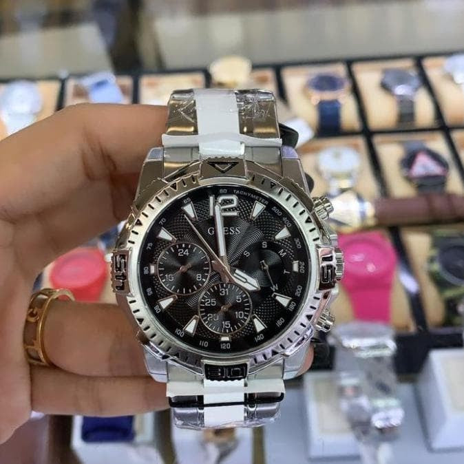 Guess Commander Chronograph Black Dial Silver Steel Strap Watch for Men - GW0056G1 Buy Now By Guess