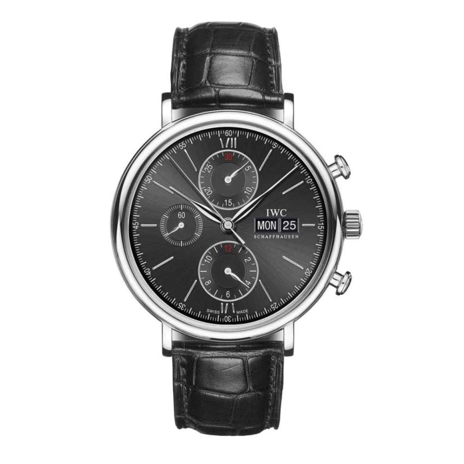 IWC Portofino Chronograph Black Dial Black Leather Strap Watch for Men - IW391008 Buy Now By IWC